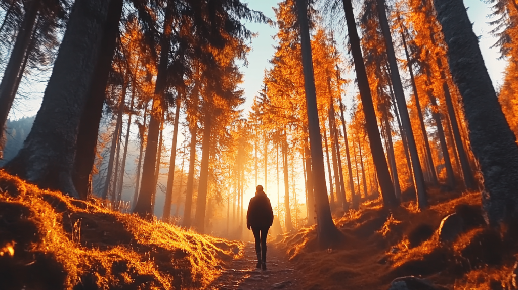 a woman walking in the woods with beautiful sunlight